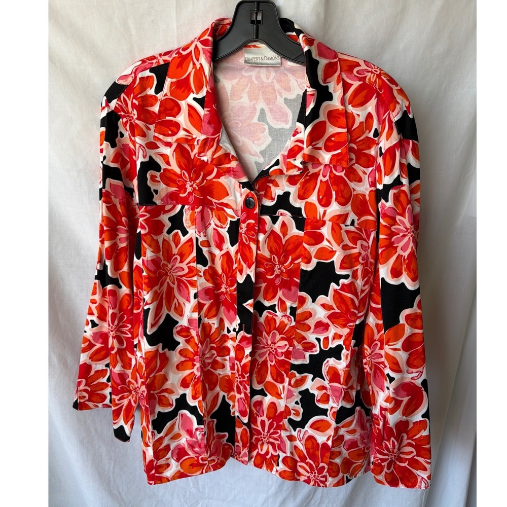 Drapers & Damons Floral Button Front Shirt Red Orange Stretch Cotton Womens 2X